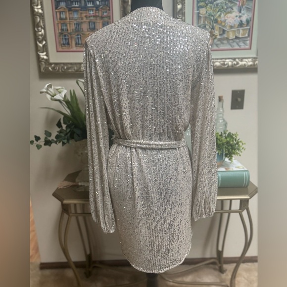 JUDITH MARCH ANTHROPOLOGIE SILVER SEQUIN IRIDESCENT WRAP AROUND PARTY DRESS SZ S - Picture 3 of 10